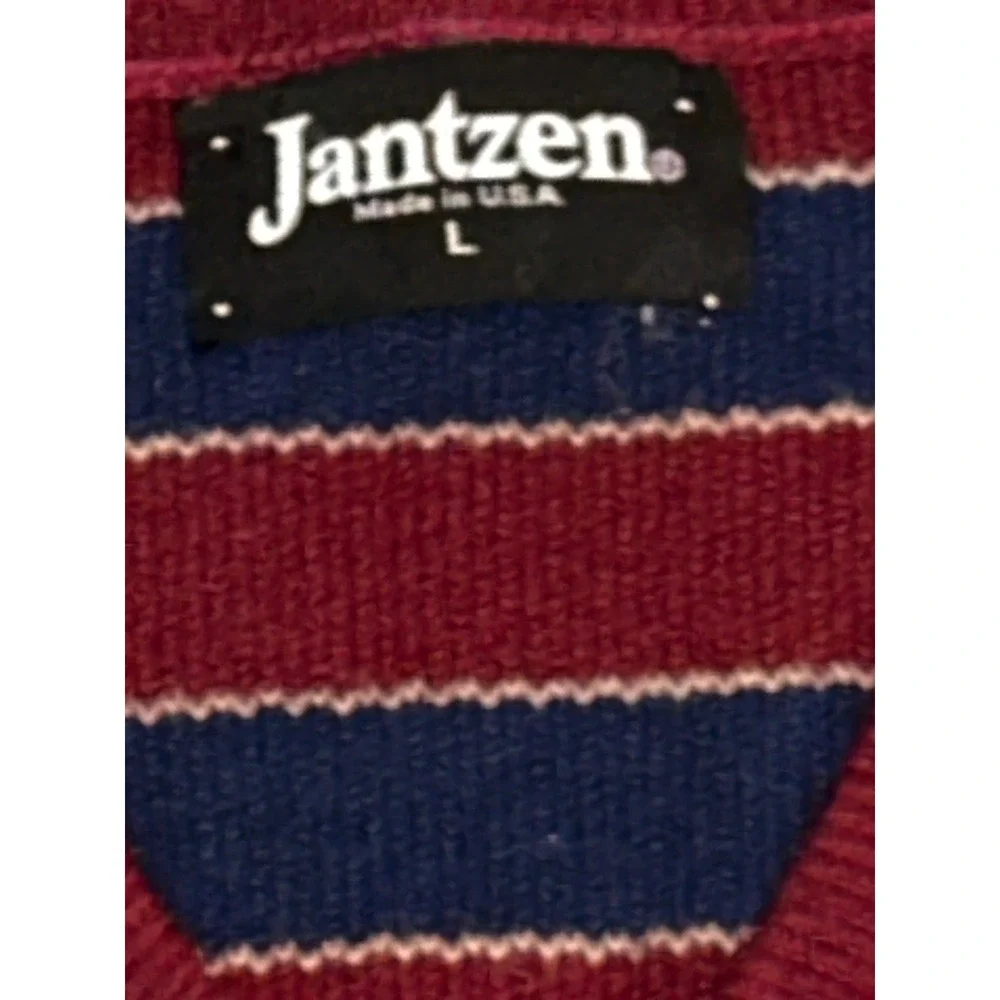 Vintage Jantzen Made in USA Striped V-Neck Sweater Mens Large Burgundy Navy Blue